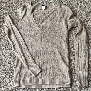 J Crew Linen V-Neck Cable Knit Sweater - Tan